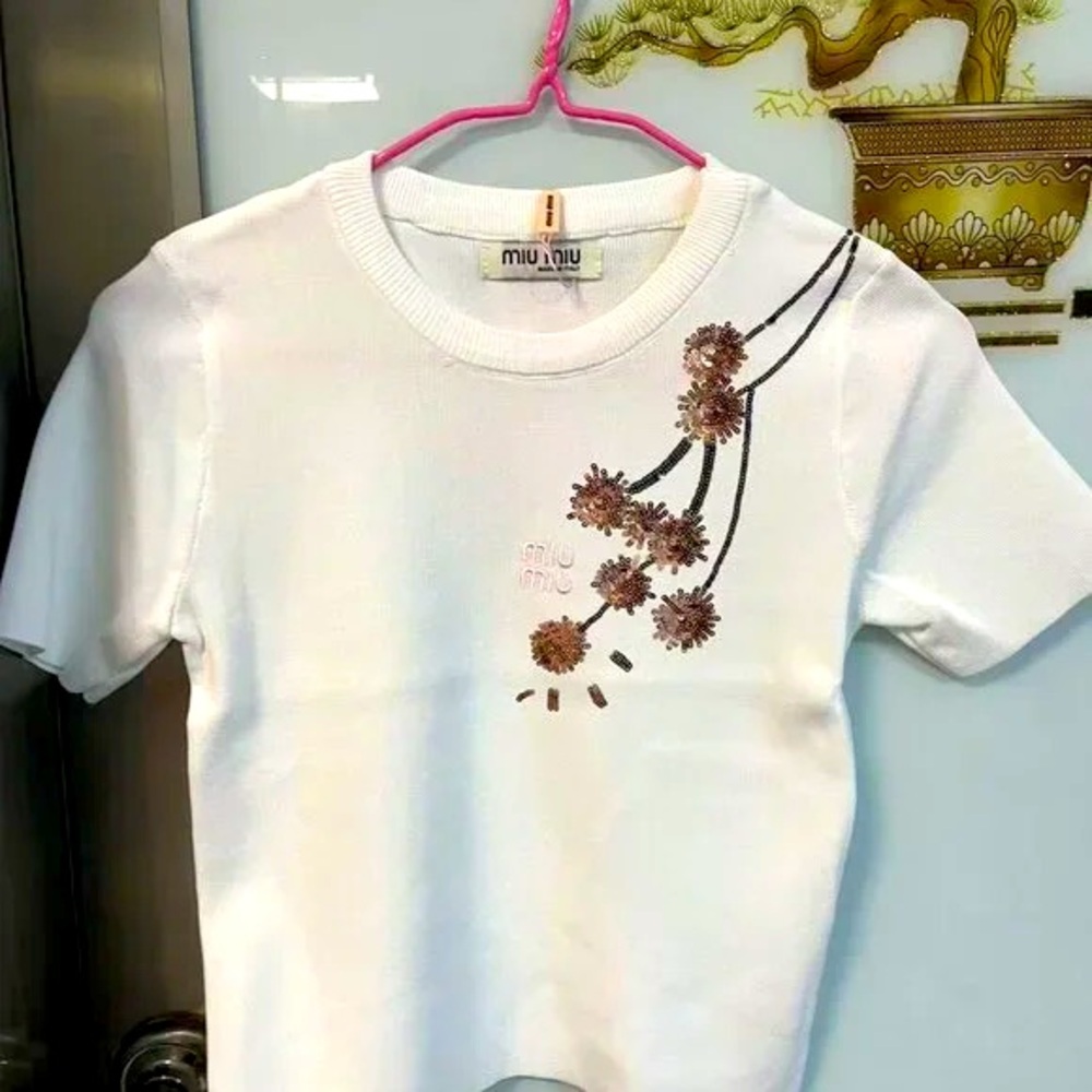 Miu Miu Embellished White Short Sleeve Top
